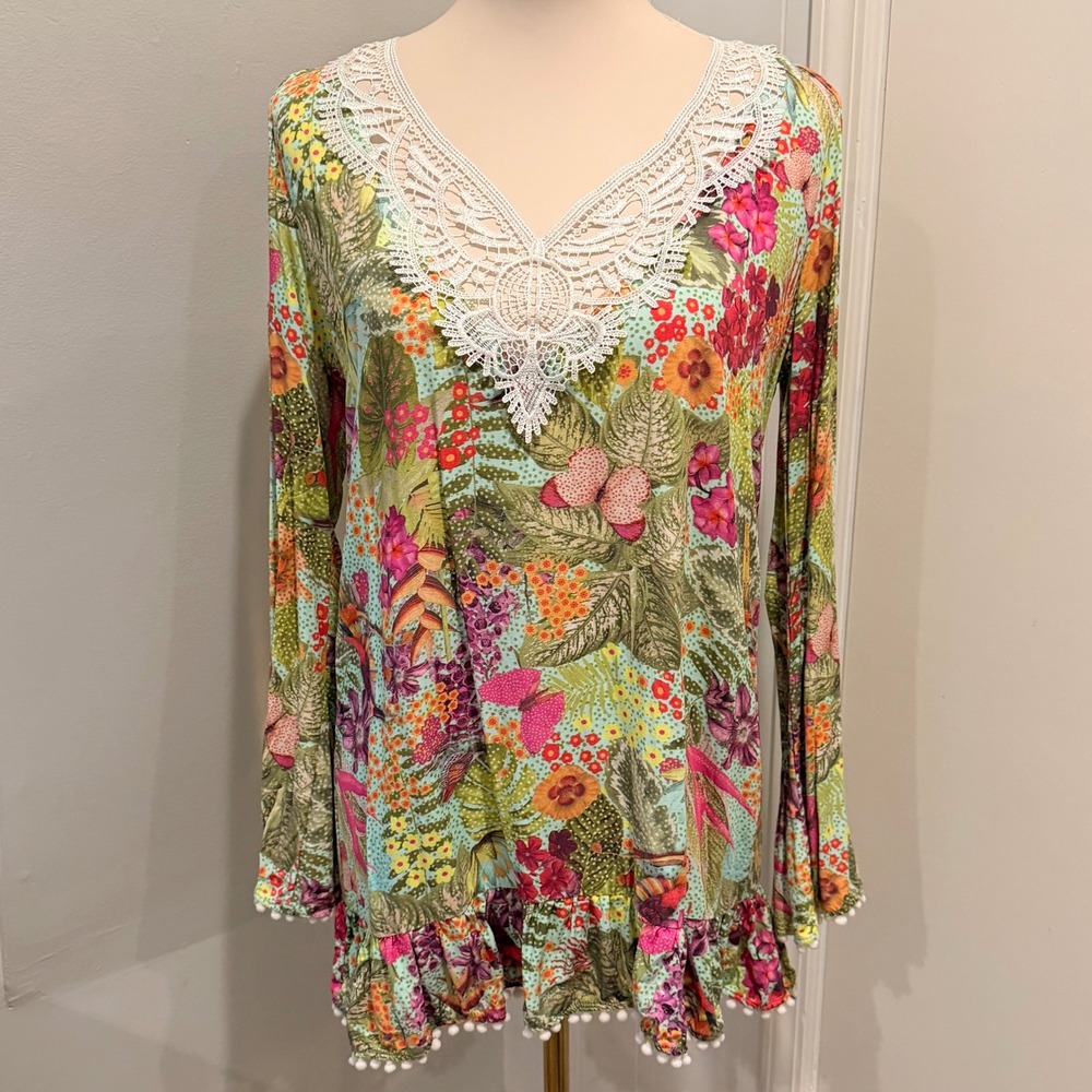Blessed Store Brazil Tropical Lace Cold Shoulder Tunic Crochet Boho | Size M